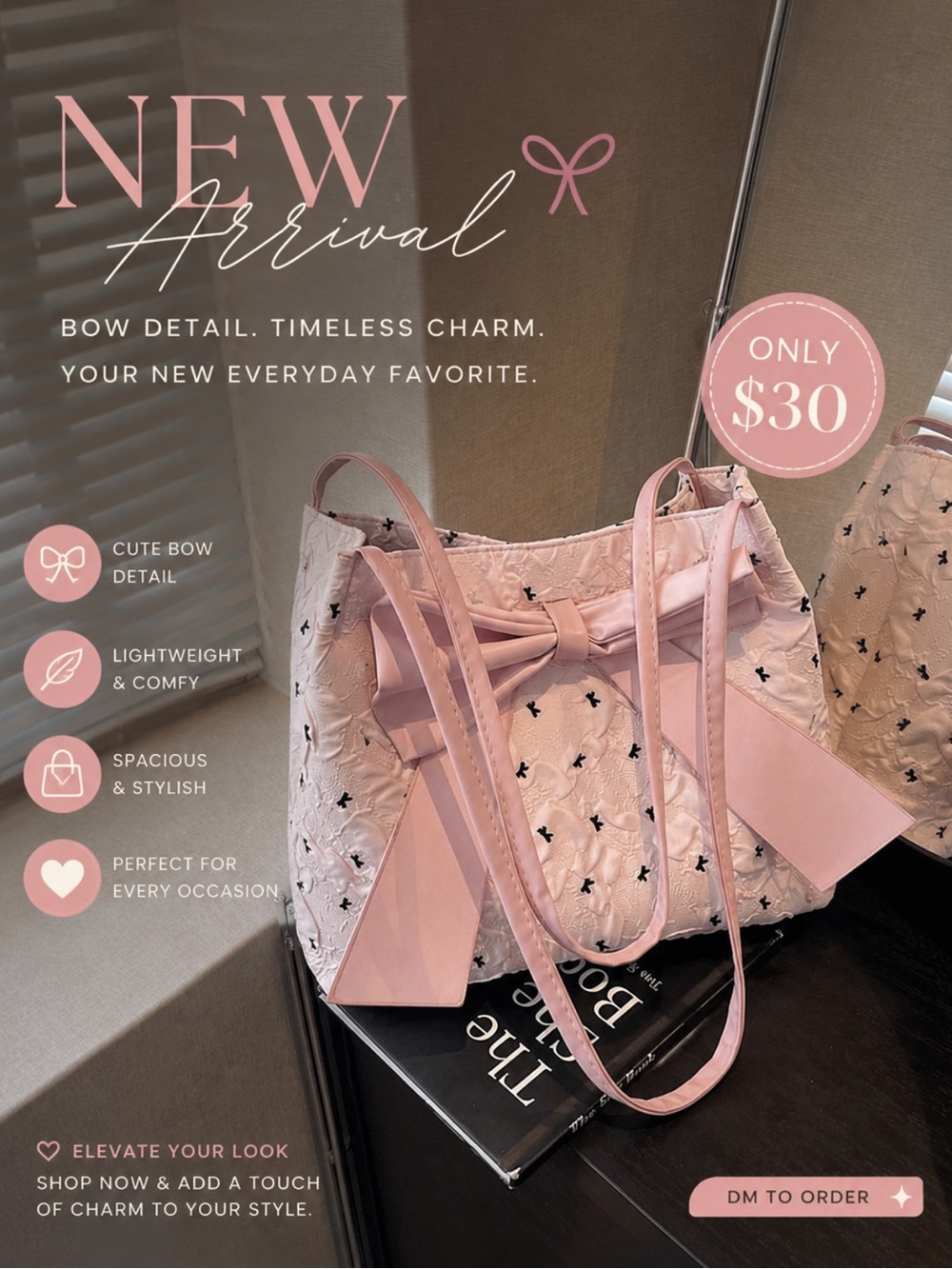 Pink Bow-Accent Quilted Tote Bag - Women